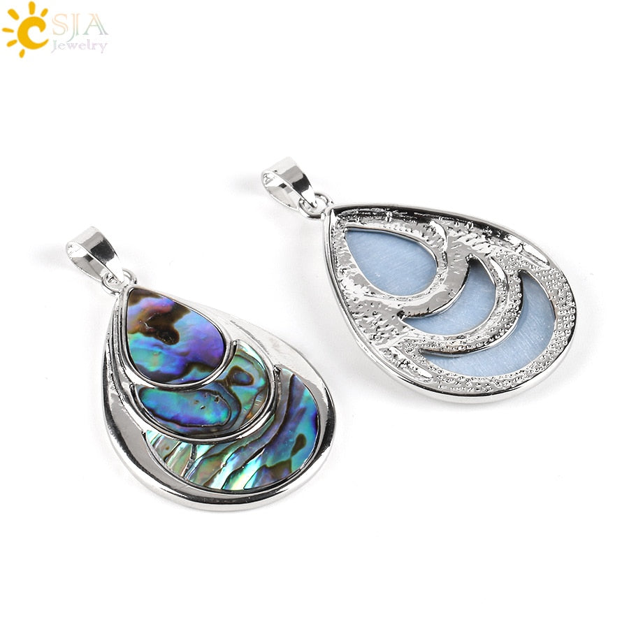 CSJA 3 Layers Water Drop Natural Raw Color Zealand Abalone Paua Shell Pendants Necklaces for Women Christmas Jewelry E468