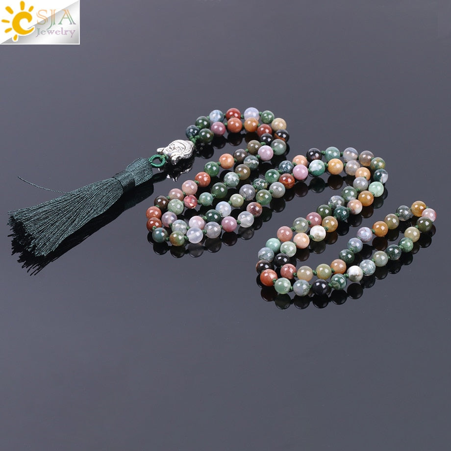 CSJA 6mm Natural Indian Agates Onyx Beads Mens Tassel Necklaces Stone Healing 108 Mala Prayer Beaded Reiki Buddhist Jewelry F170