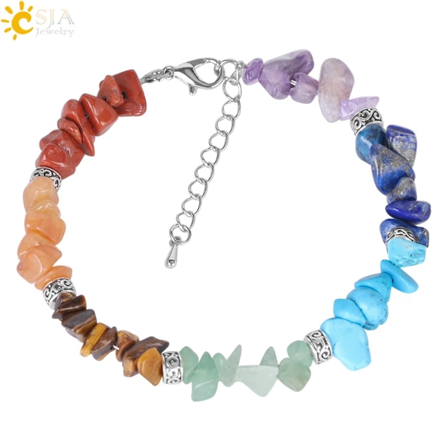 CSJA 7 Chakra Reiki Women Bracelets Chain Link Lobster Clasp Healing Balance Natural Chip Stone Beads Meditation Rainbow E446