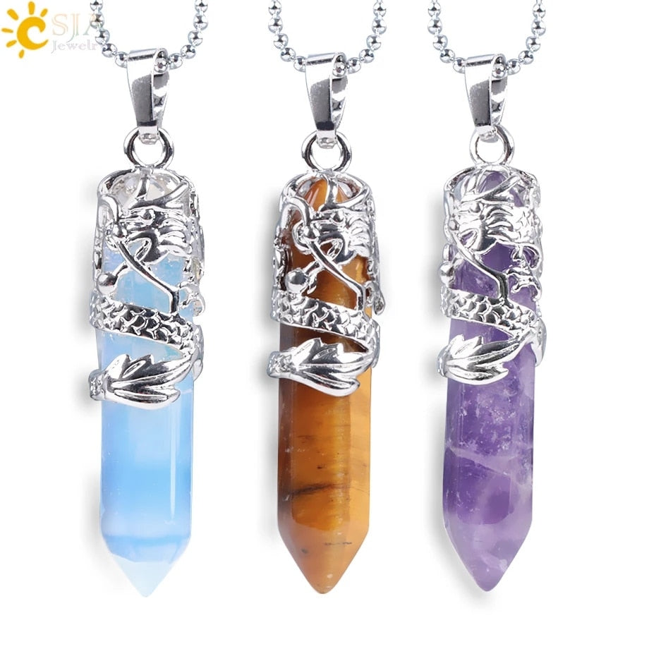 CSJA Dragon Necklace Quartz Necklaces Natural Crystal Stone Hexagonal Prism Ethnic Pendant Hanging Jewelry for Women Men E853