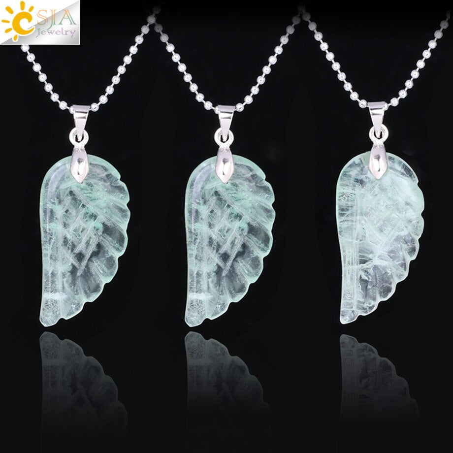 CSJA Green Fluorite Jewelry Natural Stone Carved Angel Wing Pendant Necklaces for Men Women Jewellery Lover Gift F295