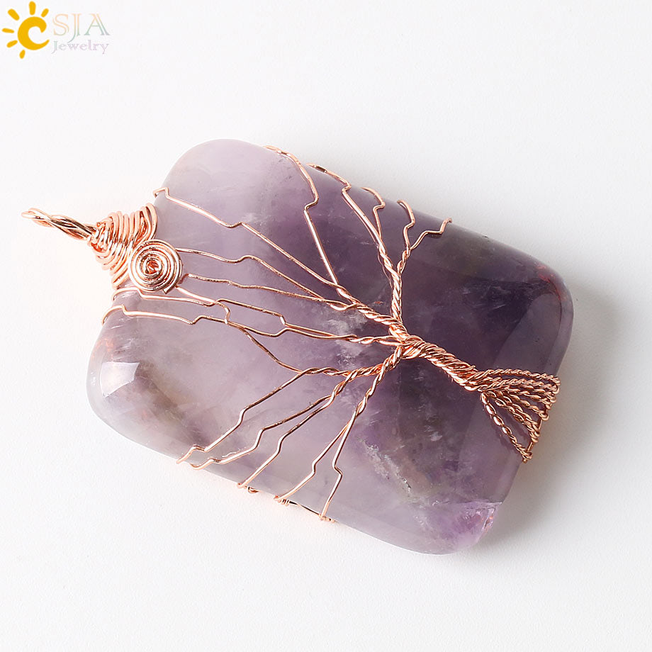 CSJA Handmade Jewellery Online Shopping India Life Tree Lover Reiki Semi Precious Gem Stone Pendants for Necklace Free Rope E224