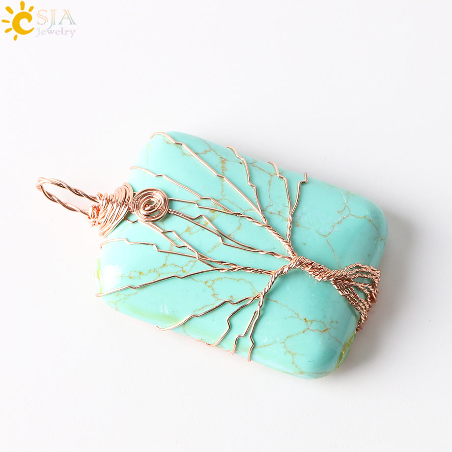 CSJA Handmade Jewellery Online Shopping India Life Tree Lover Reiki Semi Precious Gem Stone Pendants for Necklace Free Rope E224