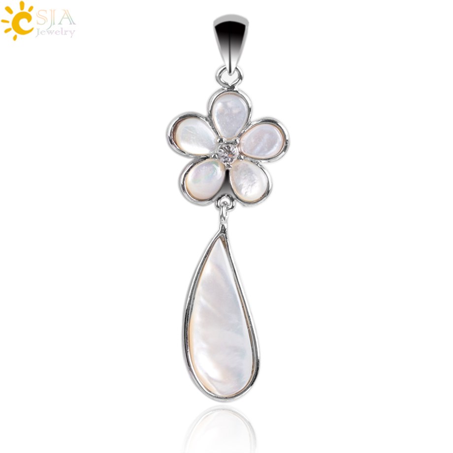 CSJA Limited Quantity Natural Ocean Sea Shell Flower Water Drop 2 Hanging Pendant & Necklace Mature Lady Fashion Jewelry E915