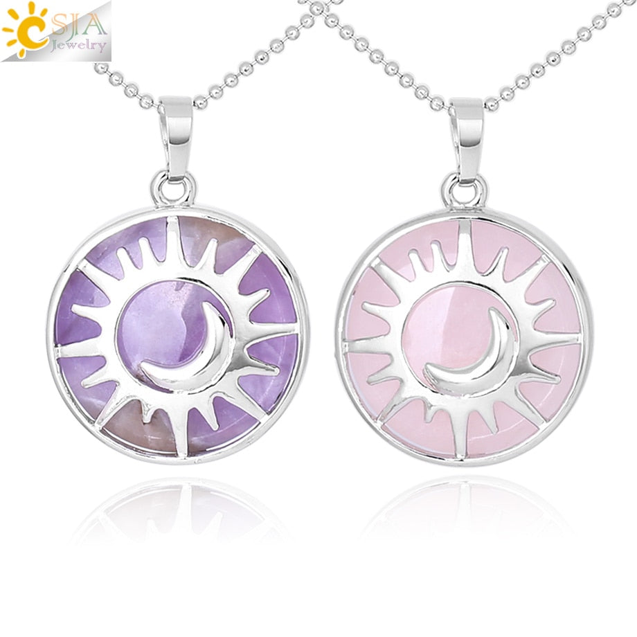 CSJA Moon Sun Necklaces Pendant Natural Stone Crystal Quartz Necklace Amethysts Lapis Lazuli Reiki Amulet Women Men Jewelry F335