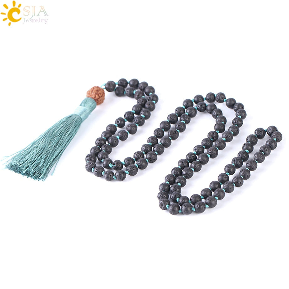 CSJA Natural Lava Rock Necklace 108 Mala Bead 6mm Knotted Long Tassel Necklaces Buddhist Vajra Bodhi Bohemian Style Jewelry F373