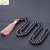 CSJA Natural Lava Rock Necklace 108 Mala Bead 6mm Knotted Long Tassel Necklaces Buddhist Vajra Bodhi Bohemian Style Jewelry F373