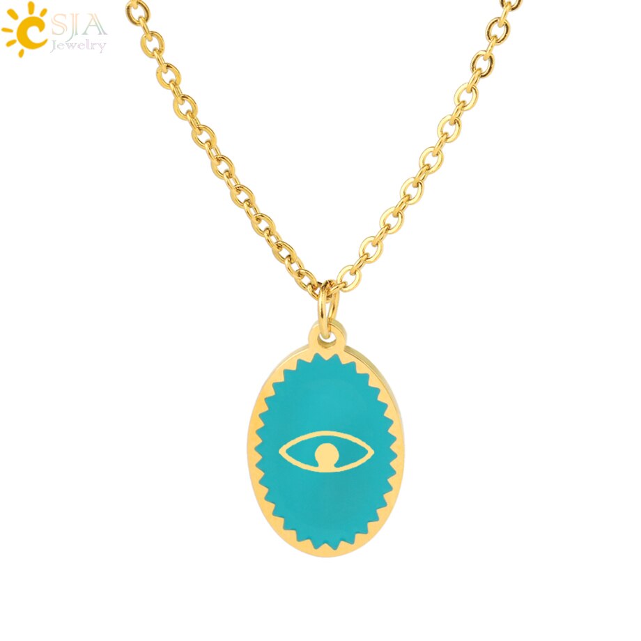 CSJA Oval Stainless Steel Necklace for Women Gold Color Enamel Evil Eye Pendant Thin Chain Chaine Collier Acier Inoxidable S770
