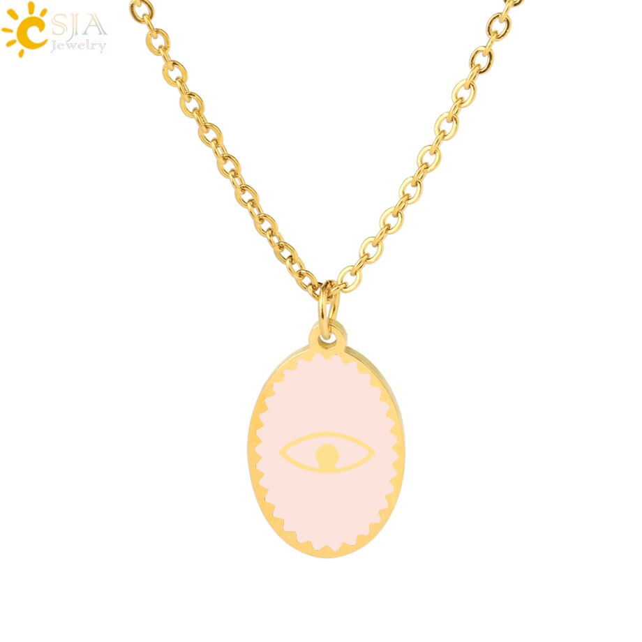 CSJA Oval Stainless Steel Necklace for Women Gold Color Enamel Evil Eye Pendant Thin Chain Chaine Collier Acier Inoxidable S770