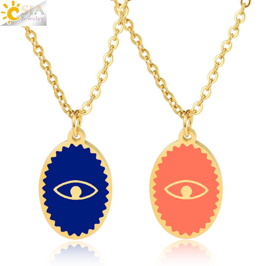CSJA Oval Stainless Steel Necklace for Women Gold Color Enamel Evil Eye Pendant Thin Chain Chaine Collier Acier Inoxidable S770