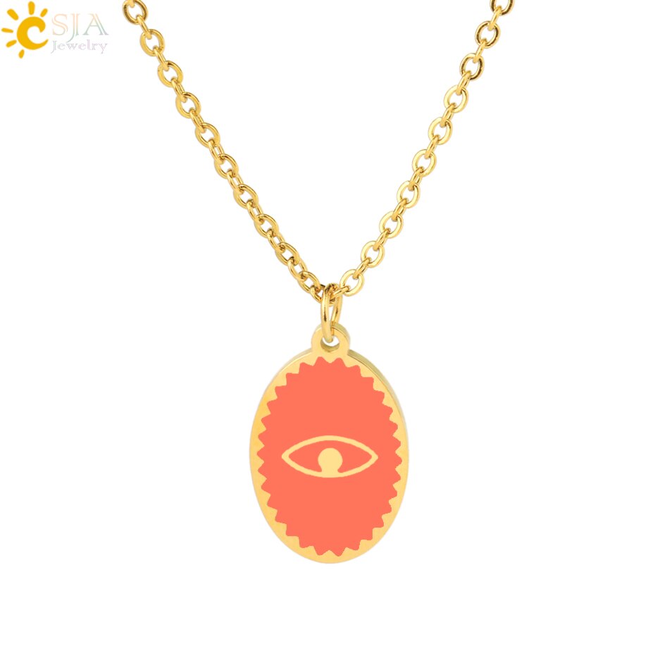 CSJA Oval Stainless Steel Necklace for Women Gold Color Enamel Evil Eye Pendant Thin Chain Chaine Collier Acier Inoxidable S770