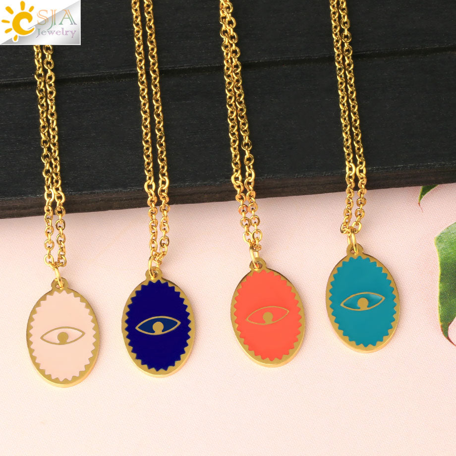 CSJA Oval Stainless Steel Necklace for Women Gold Color Enamel Evil Eye Pendant Thin Chain Chaine Collier Acier Inoxidable S770