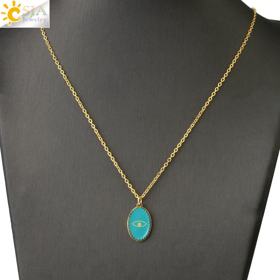 CSJA Oval Stainless Steel Necklace for Women Gold Color Enamel Evil Eye Pendant Thin Chain Chaine Collier Acier Inoxidable S770