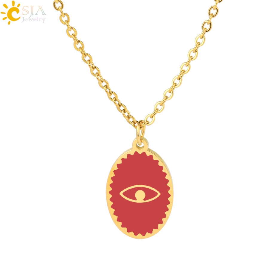 CSJA Oval Stainless Steel Necklace for Women Gold Color Enamel Evil Eye Pendant Thin Chain Chaine Collier Acier Inoxidable S770