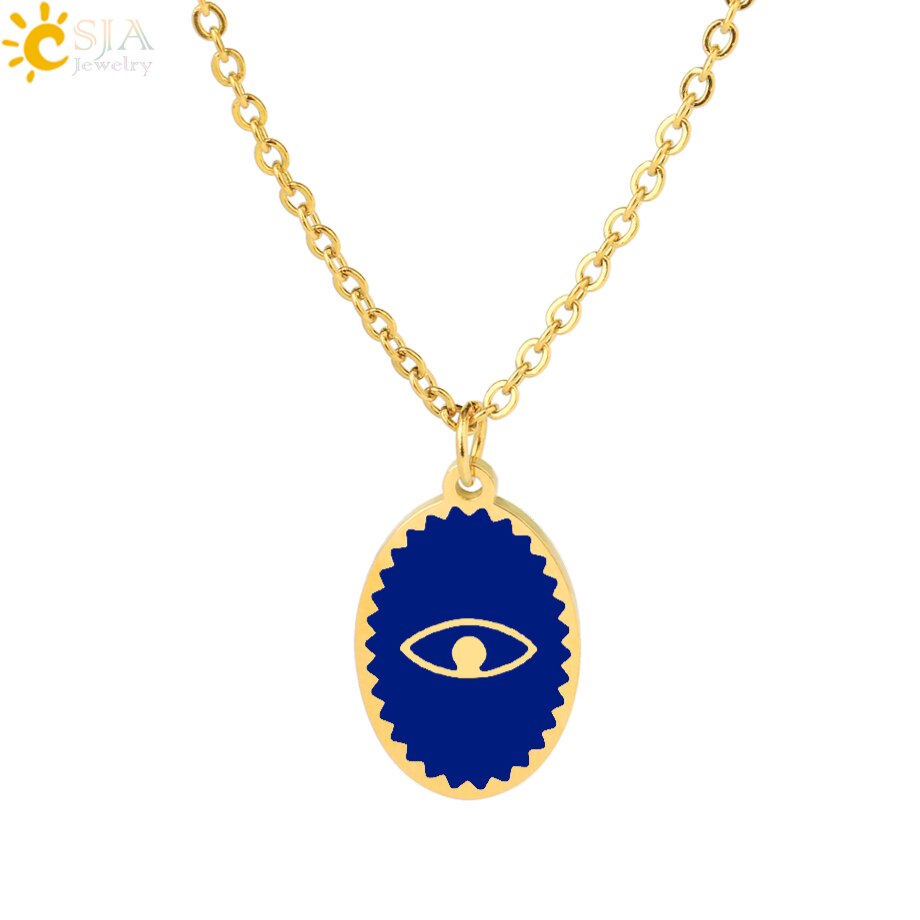 CSJA Oval Stainless Steel Necklace for Women Gold Color Enamel Evil Eye Pendant Thin Chain Chaine Collier Acier Inoxidable S770