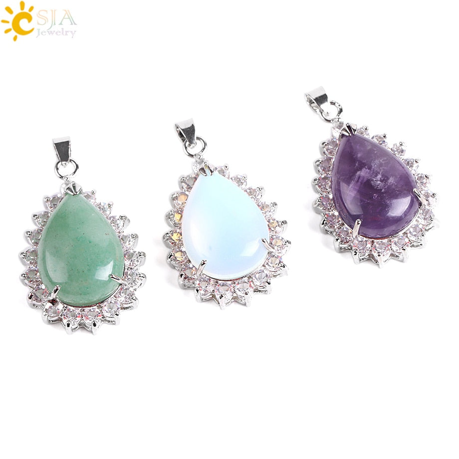 CSJA Reiki Natural Gem Stone Water Drop Necklace Pendants Purple Pink Quartz Lapis Lazuli Tiger Eye Opal Rhinestone Jewelry E829