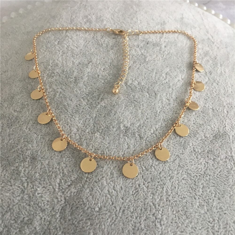 CUTE GOLD COLOR ROUND DISC CHOKER NECKLACE FOR WOMAN GIRL