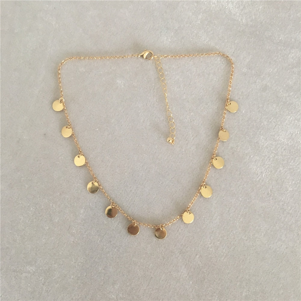 CUTE GOLD COLOR ROUND DISC CHOKER NECKLACE FOR WOMAN GIRL