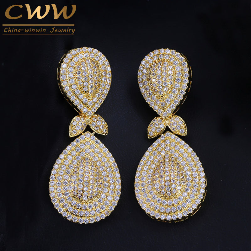 African Nigeria Design Jewelry Micro CZ Stones Pave Long Drop Dubai Gold Color Earrings For Women Party CZ266