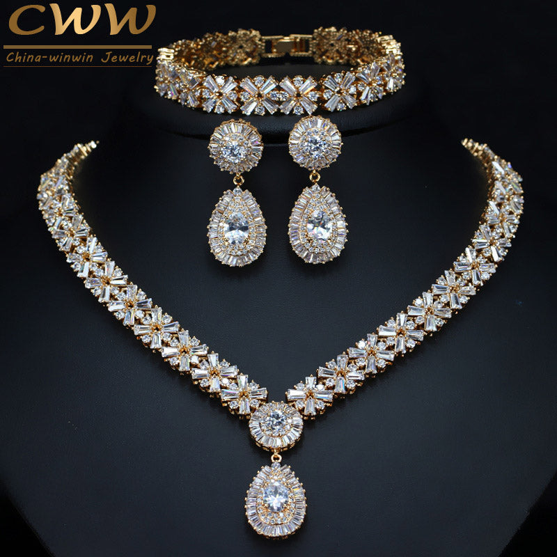 Exclusive Dubai Gold Color Jewellery Luxury Cubic Zirconia Necklace Earring Bracelet Party Jewelry Set For Women T053