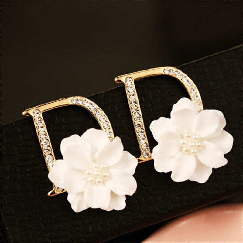 100% Real Picture Earring Real Rose Gold Anti-Allergy Big Size Camellia Flower Earring Female White Flower Earring