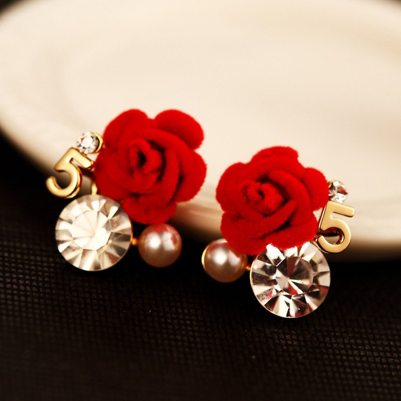 100% Real Picture Zircon Earring Real Rose Gold Anti-Allergy Letter 5 Earring Female Party Earring Fine Jewelry