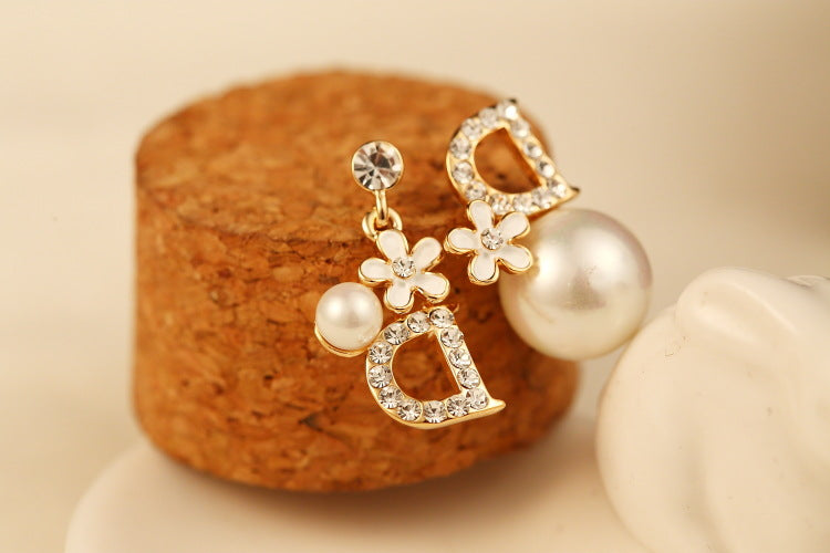 Real Picture New Luxury Fashion Real Rose Gold Crystal Pearl D Letter Flower Earring Women High Quality Earring