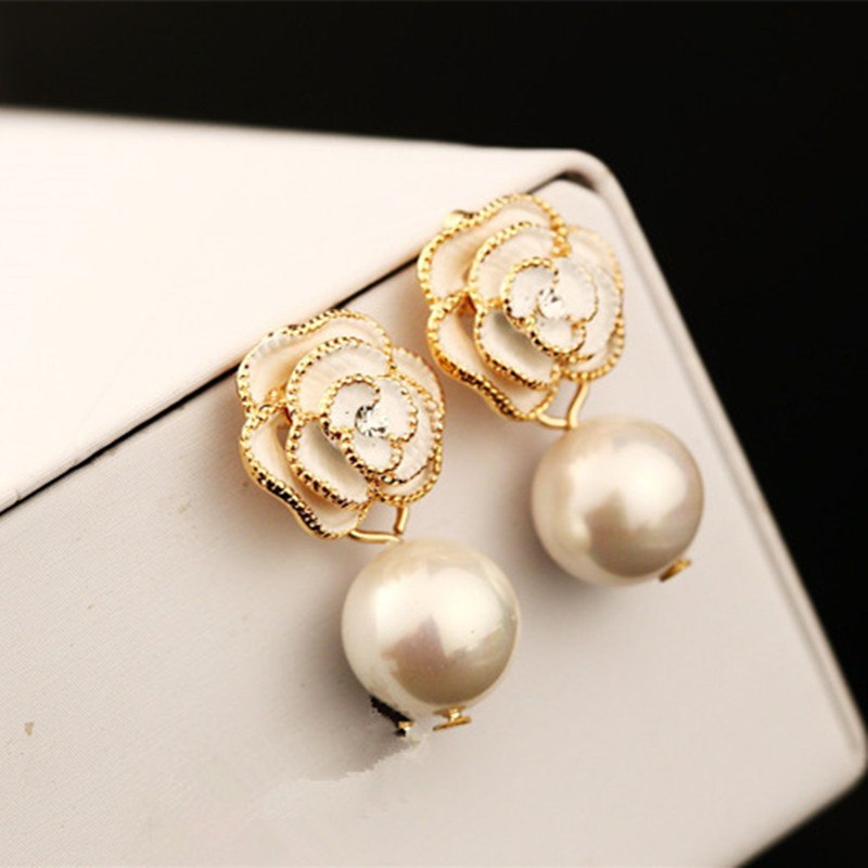 Women Camellia Earring Real Rose Gold Anti-Allergy Pearl Pendant cc Earring Female Party Earring Fine Pearl Jewelry