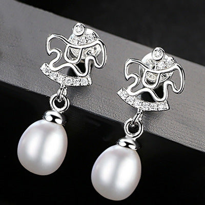 CZ Cute Horse Natural Pearl 925 Silver Dangling Earrings