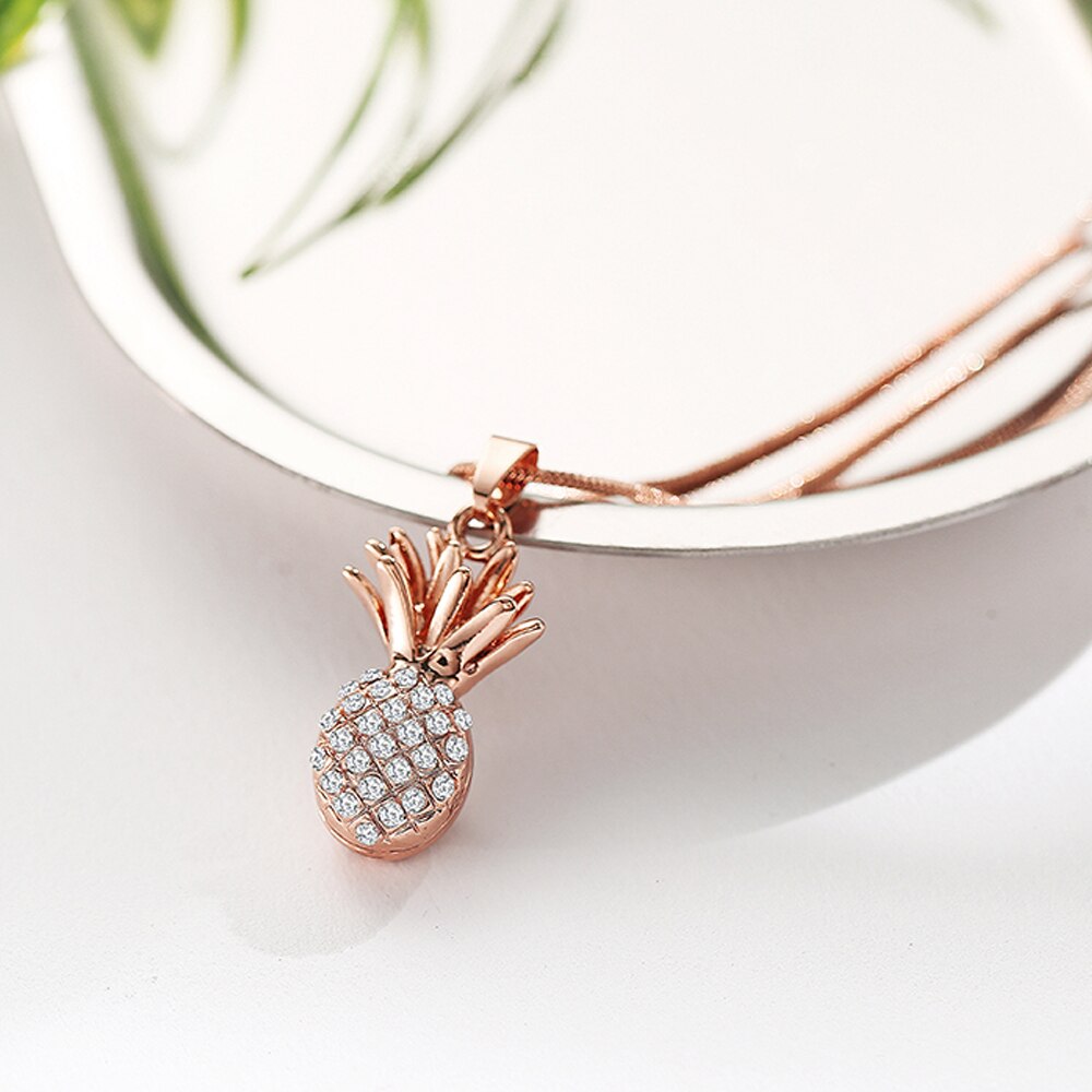 CZ Plant Pendant Necklace Women Gold/Silvery/Rose Gold pineapple Snake Chain Ladies Pendant Necklace Crystal Jewelry
