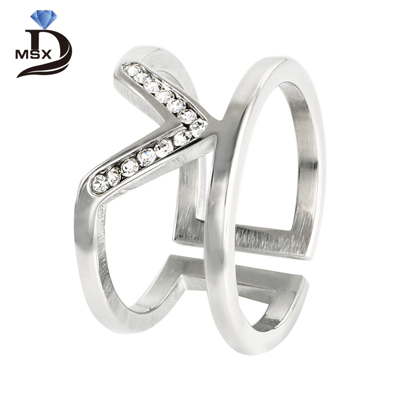 CZ Stainless Steel Engagement Rings for Woman V Letter Hollow Two Layers Finger Ring Luxury Wedding Party Jewelry Gift Mult-size