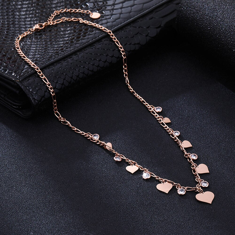 CZ Zircon Necklaces for Women 100% Stainless Steel Romantic Small Heart Tassel Rose Gold Color Pendant Necklace Jewelry