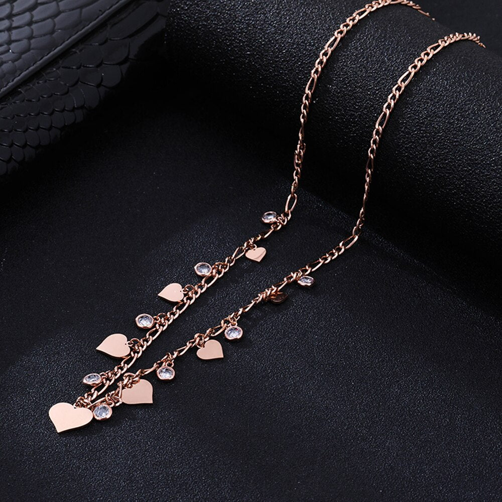 CZ Zircon Necklaces for Women 100% Stainless Steel Romantic Small Heart Tassel Rose Gold Color Pendant Necklace Jewelry