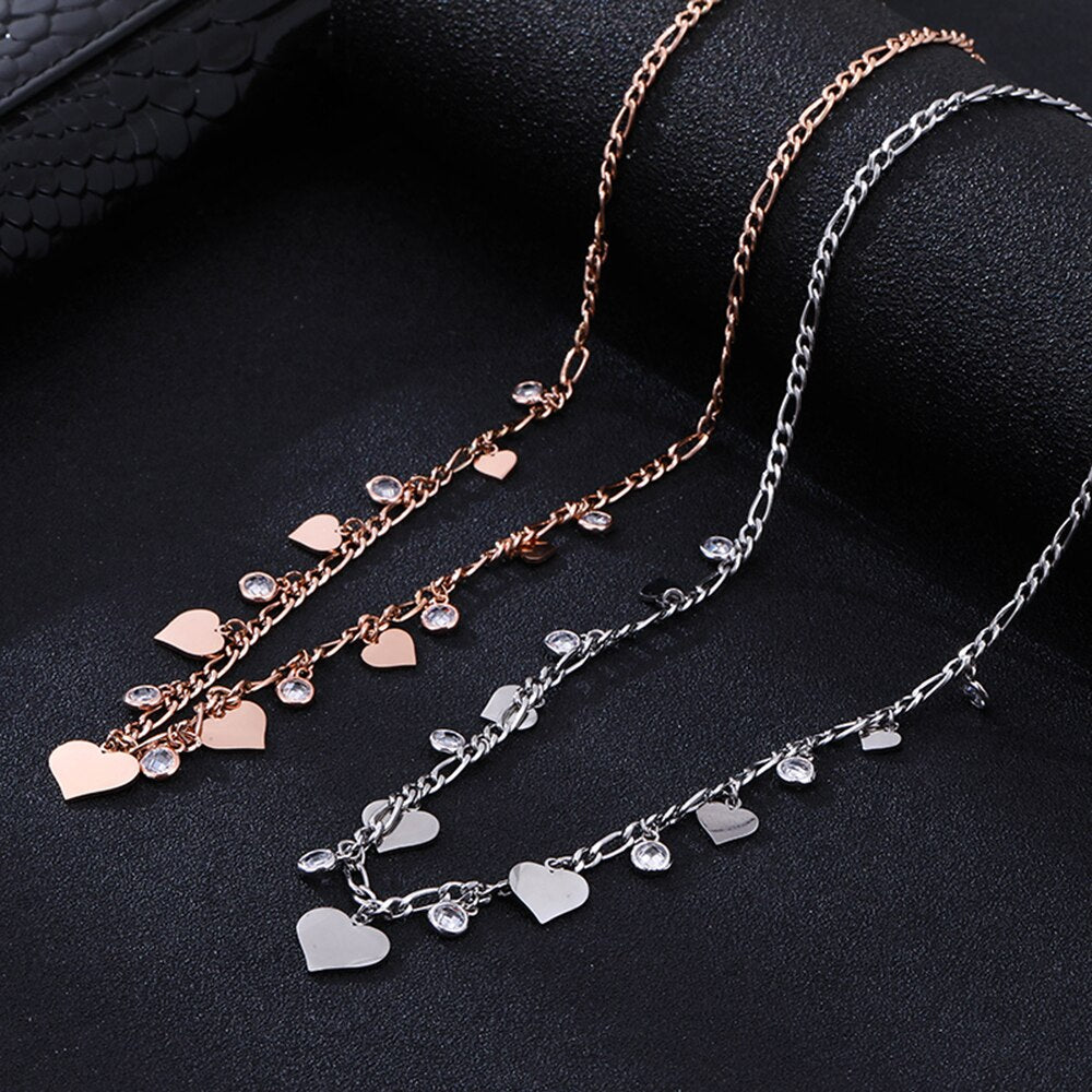 CZ Zircon Necklaces for Women 100% Stainless Steel Romantic Small Heart Tassel Rose Gold Color Pendant Necklace Jewelry