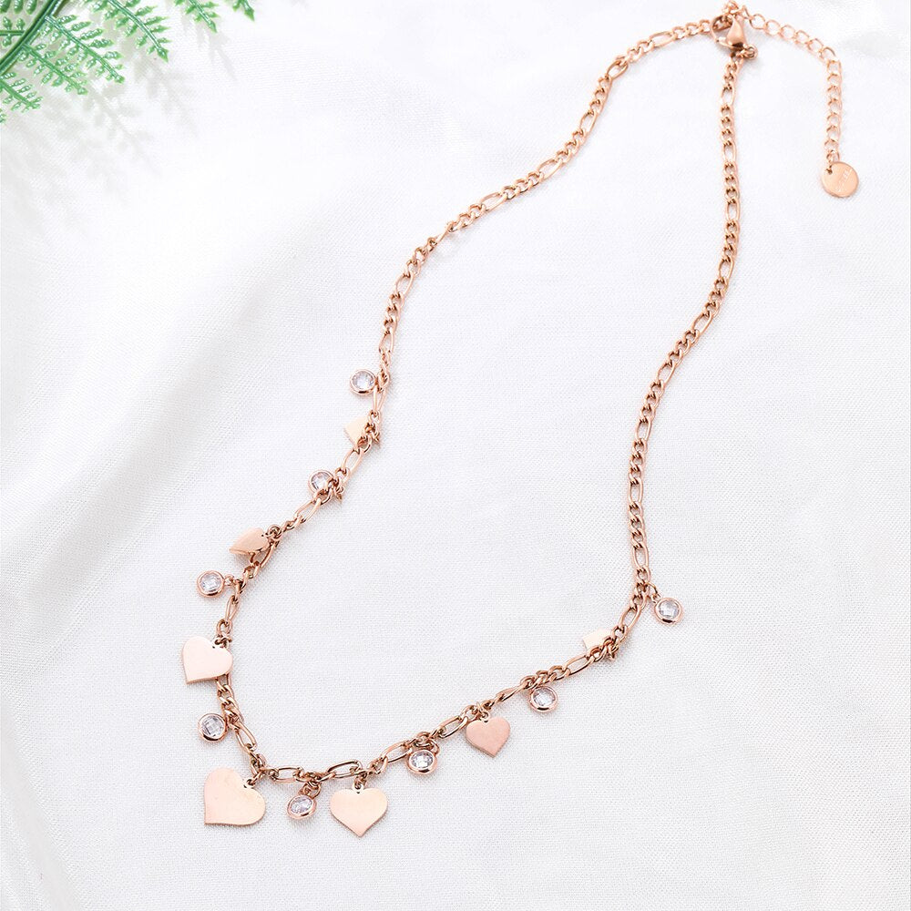CZ Zircon Necklaces for Women 100% Stainless Steel Romantic Small Heart Tassel Rose Gold Color Pendant Necklace Jewelry