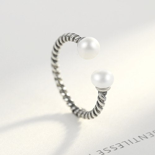 100% 925 Sterling Silver Twisted Rope Of Love, Silver Pearl Open Finger Rings for Women Engagement Jewelry