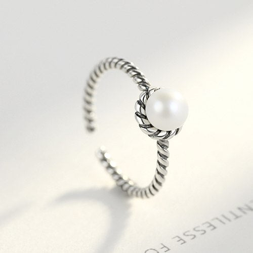 Brand 925 Sterling Silver Retro Twist Braiding with Natural Pearl Finger Ring for Women Engagement Anniversary Jewelry