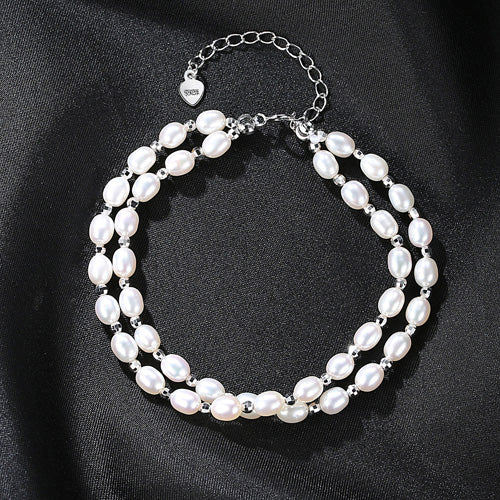 Brand Charms Bracelet White Rice Pearl with 925 Sterling Silver Beads Female Chain Link Bracelet Wholesale