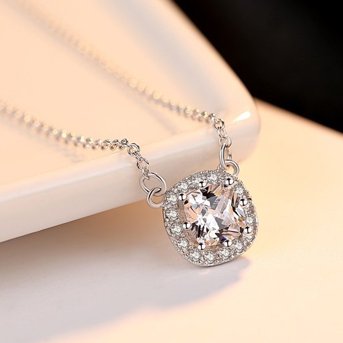 Brand Luxury Square CZ with Tiny Cubic Zirconia Genuine Sterling Silver Necklaces for Women Wedding Pendant Jewelry Gift