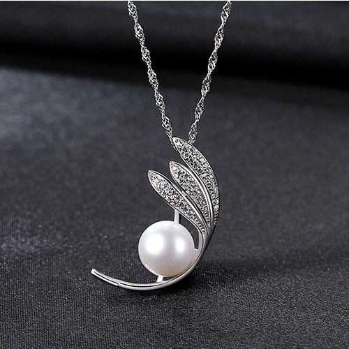 Brand New Natural Pearl Silver Pendant Necklace Feather Shape Jewelry for Women 925 Silver Jewelry Girls Gift
