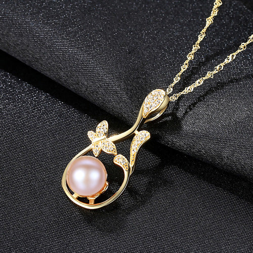Butterfly Flowers Pendant Chain Necklace Micro Paved Zircon Stone Natural Pearl Jewelry Necklace for Women Wedding Gift