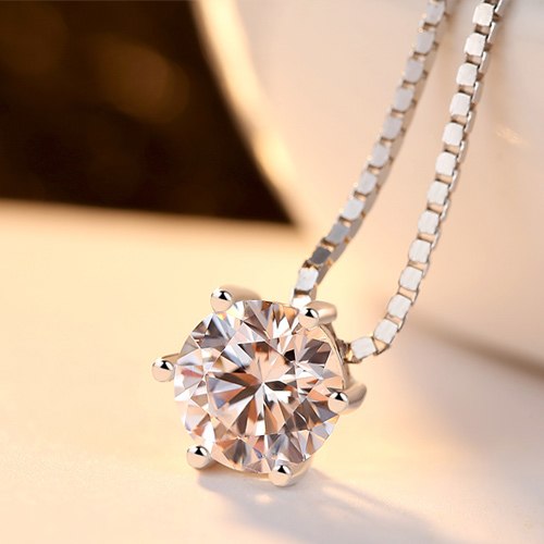 Charm Shinning Chain Necklace One Carat Six Claws Cubic Zirconia Classic 925 Sterling Silver Pendant Necklace for Women