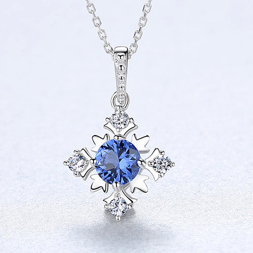 Genuine 925 Sterling Silver Necklaces for Women Flower Shape Blue Sapphire Pendant Necklace with Clear Zircon Fine Bijoux