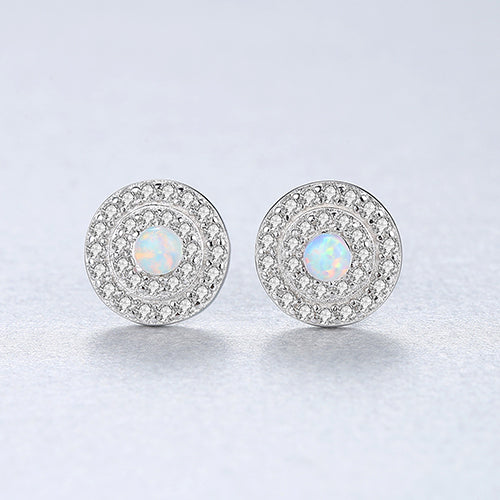 Genuine 925 Sterling Silver Stud Earrings for Women Fire Opal Round Shape Charming Women Post Earring Engagement Jewelry