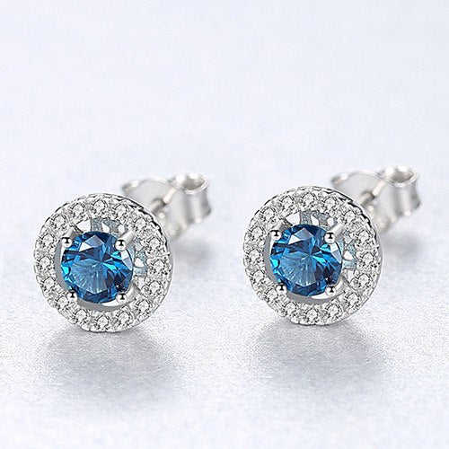 New Round Shape Real Sterling Silver 925 Stud Earrings for Women Gemstone Three Color To Choose Post Earring Fine Jewelry