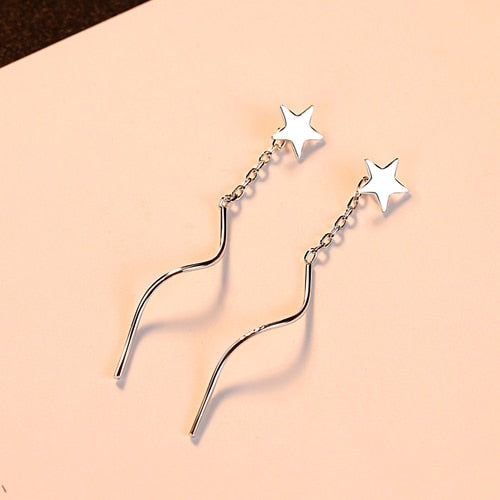 Pentagram Star Earrings for Women Trendy Tiny 925 Sterling Silver Star Stud Dangle Chain Earrings Brincos Bijoux Gifts