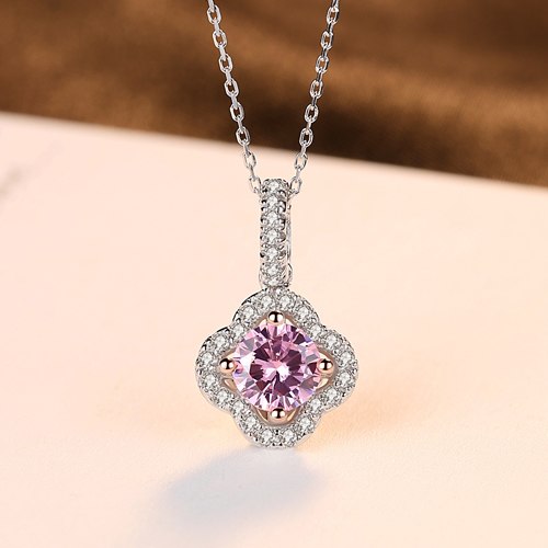 Pink Zircon Main StoneTiny CZ around Chain Necklace 925 Sterling Silver Flower Pendant Jewelry for Women Anniversaries