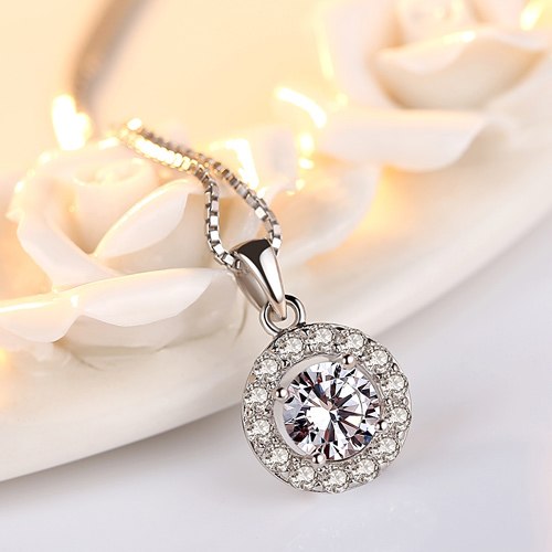 Round Pendant Necklace Office Lady Genuine 925 Sterling Silver Chain Necklaces AAA+ CZ Cubic Zirconia Fine Jewelry Brand