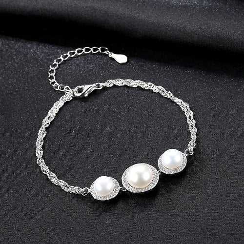 Trendy 925 Sterling Silver Charms Women Love Chain Link Natural Pearl Bracelet Size Adjustable for Lady Bangles Jewelry