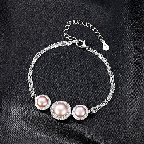 Trendy 925 Sterling Silver Charms Women Love Chain Link Natural Pearl Bracelet Size Adjustable for Lady Bangles Jewelry